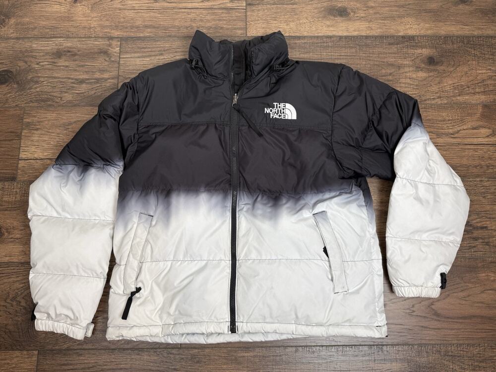 The North Face Nupste Down Puffer Jacket Black White Dip Dye Sz L 1996 Retro